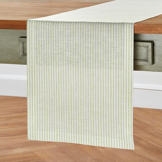 Solino Home Linen Striped Table Runner 132 Inches Long - Narrow Stripe 100% Pure Linen Sage and White Dining Table Runner 14 x 132 Inch for Thanksgiving