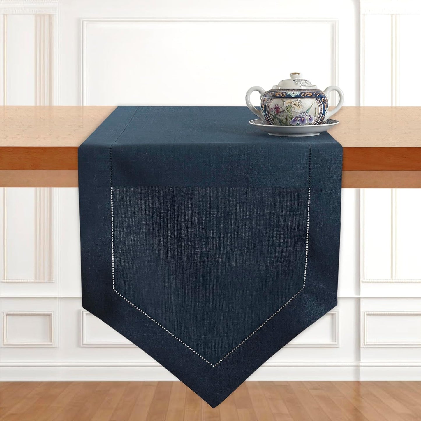 D'Moksha Homes Navy Blue Linen Table Runner 72 Inches Long - 100% Pure Linen Diamond Table Runner 14 x 72 Inch for Dining, Fall and Halloween - Machine Washable