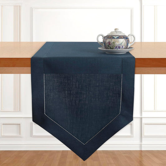 D'Moksha Homes Navy Blue Linen Table Runner 90 Inches Long - 100% Pure Linen Diamond Table Runner 14 x 90 Inch for Dining, Fall and Halloween - Machine Washable