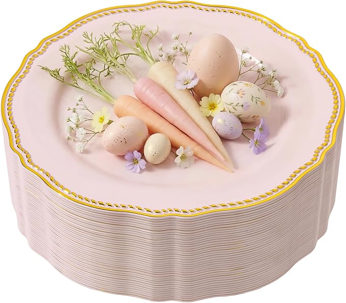 Hioasis 60pcs Pink Plastic Plates - Pink and Gold Disposable Dinnerware with Gold Rim, Heavy-duty, 7 inch, Dessert Plates for Party & Easter