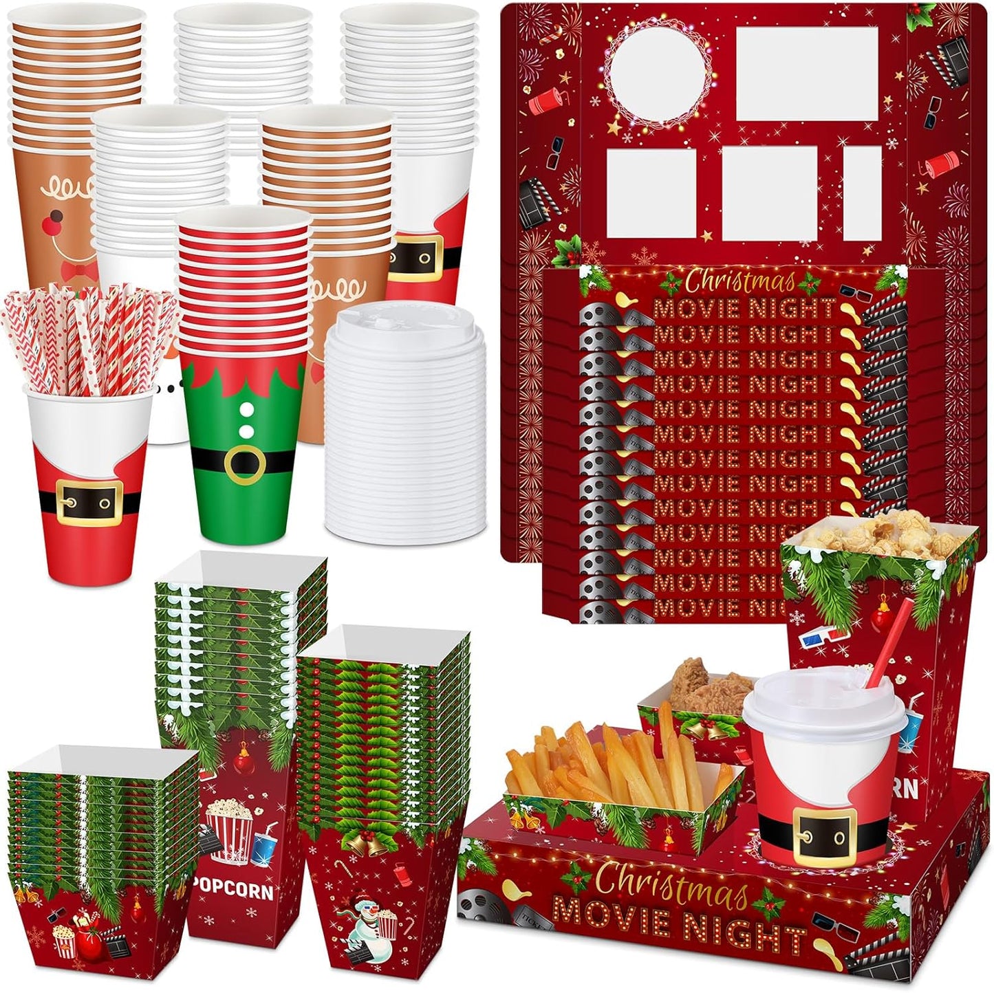 Bokon 172 Pcs/ 24 Sets of Christmas Movie Night Snack Trays 3 Sizes Snack Boxes, 16 oz Disposable Drinks Cups, 50 Straws, Complimentary Sealing Stickers for Cinema Party Decoration(Paper,Snow)