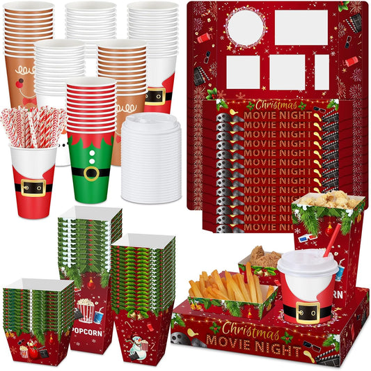Bokon 172 Pcs/ 24 Sets of Christmas Movie Night Snack Trays 3 Sizes Snack Boxes, 16 oz Disposable Drinks Cups, 50 Straws, Complimentary Sealing Stickers for Cinema Party Decoration(Paper,Snow)