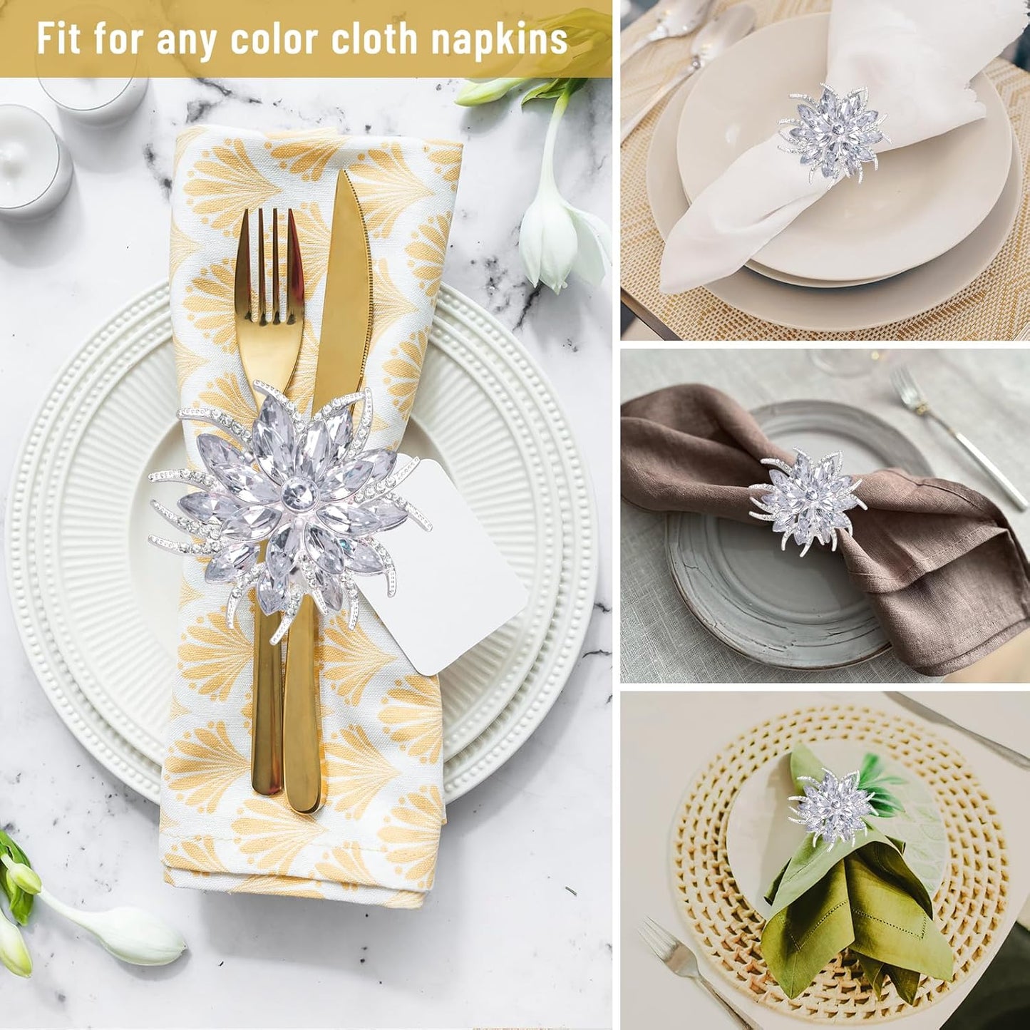 Legigo Set of 6 Christmas Lotus Flower Napkin Rings Set for Dinning Table Setting- Silver Rhinestone Xmas Winter Napkin Ring Holders for Cloth Napkins, Christmas Holiday Party Dinner Table Decoration
