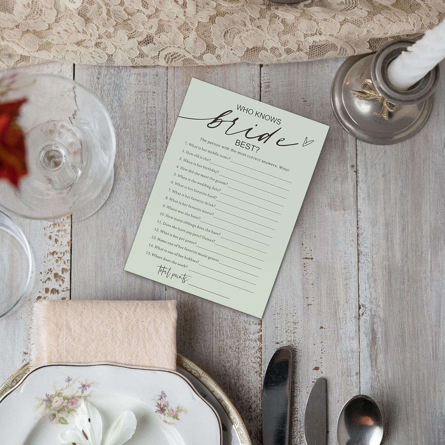 Bridal Shower Games, Who Knows The Bride Best, 25Pcs Minimalist Sage Green Bridal Game Cards, Wedding Shower Games for Guests, Engagement Bachelorette Party Supplies