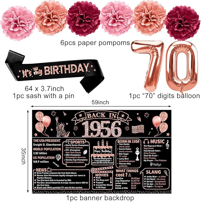 Zirtorei 70th Birthday Decorations for Women, 21pcs the Year 1956 Banner Balloon Party Supplies, Rose Gold 70 Year Old Birthday Backdrop, 70 Bday Honeycomb Centerpiece Hanging Swirls Sash Gifts
