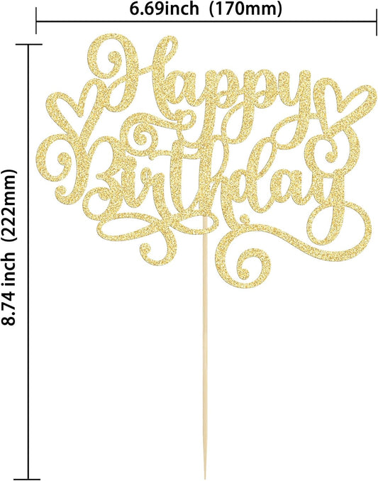 Gyufise 1Pcs Happy Birthday Cake Topper Glitter Happy Birthday Cake Pick Bunting Decor for Anniversary Celebrating Happy Birthday Party Cake Decorations Supplies Gold