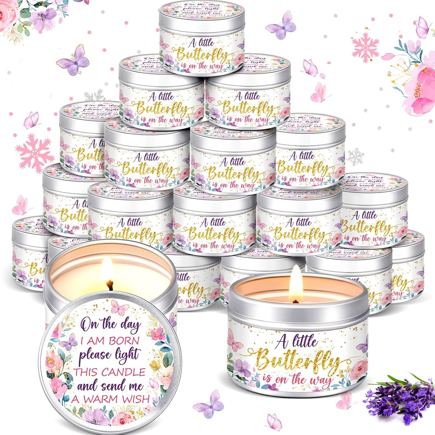 MTLEE 24 Pcs Butterfly Baby Shower Party Favors Candles Lavender Scented Baby Shower Favors for Guests Rustic Tealights Candles Gender Reveal Return Gifts Girl Boy(1.2 Oz, Gold)