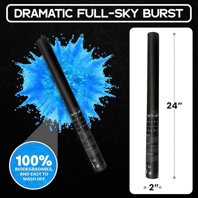 Ultimate Confetti – Handheld Gender Reveal Powder + Confetti Cannon 24” Blue – Non-Toxic Food-Grade Powder Cannon – Pre-Filled, Leak-Resistant Single-Use Cannon– 15–25 ft Outdoor Photo-Ready Explosion