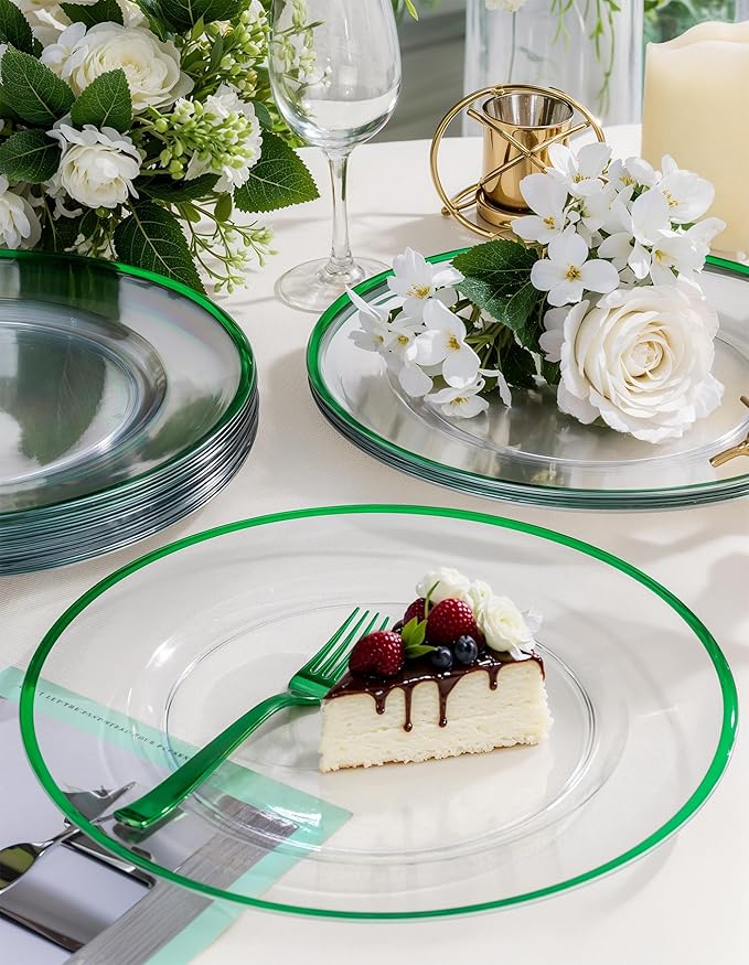 WDF 12 Inch Green Charger Plates - Charger Plates Bulk - 25Pack Plastic Clear and Green Charge Plate Perfect for Dinner/Wedding/Party/St. Patrick's Day/Easter