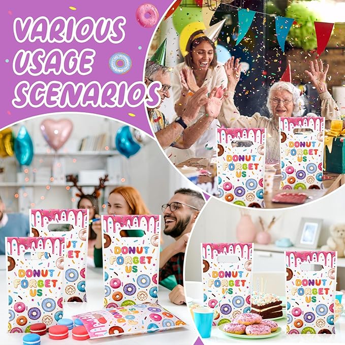 Supervitae 100 Pcs Donut Forget Us Plastic Gift Bags Goodbye Party Favor Bags Bulk with Handles for Coworker, Retirement, Going Away, Office Farewell and Leaving Goodie Candy Treat Party Supplies