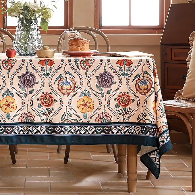 Vintage French Rectangular Tablecloth,Linen Tablecloth with Rose and Cornflower Pattern,Decorative Table Cover for Kitchen,Dining,Thanksgiving,Tea Party,55" × 87"-Lanae