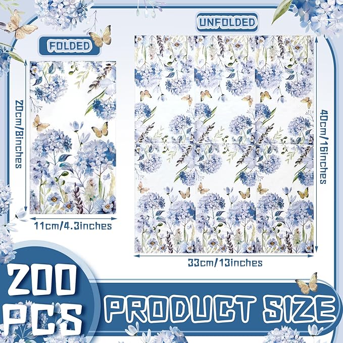 Karenhi 200 Pcs Watercolor Hydrangea Guest Napkins 2 Ply Spring Paper Guest Towels for Bathroom Blue Floral Disposable Hand Towels Decorative Dinner Napkins Bridal Shower Napkins for Wedding Party