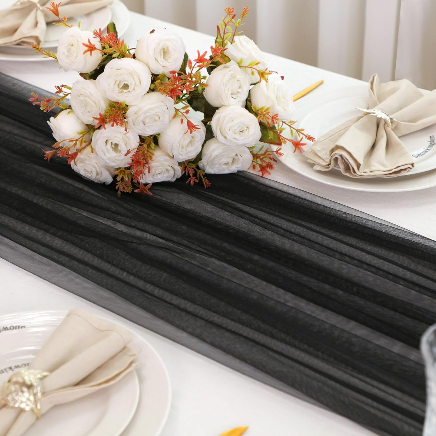 Snowkingdom Black Table Runner, 10FT Sheer Tulle Cheesecloth Gauze Runner 120 Inch, Boho Table Centerpieces Decoration for Wedding Baby Bridal Shower Birthday Halloween Holiday Party