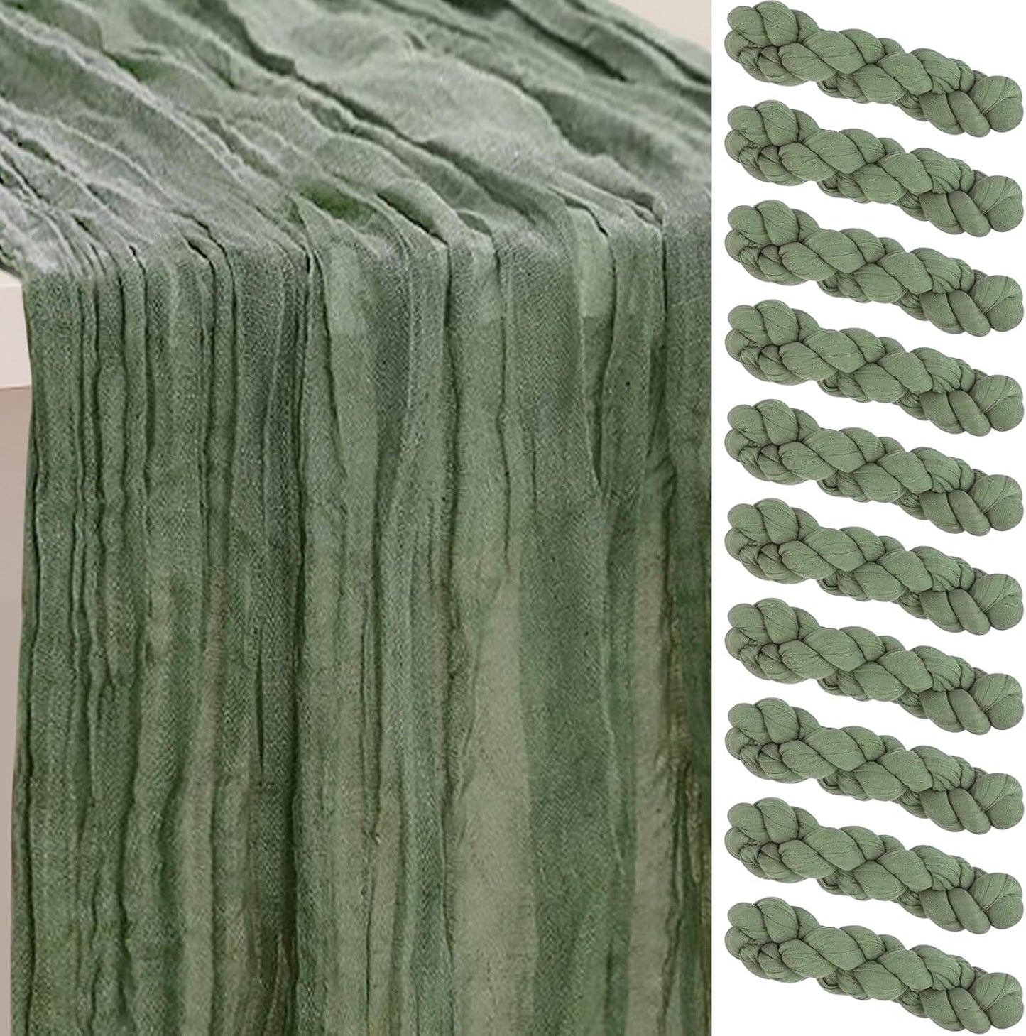 10 Pack Sage Green Cheesecloth Table Runner 35x120 Inch 10Ft Rustic Gauze Cheese Cloth Table Runner Sheer Cheesecloth Table Runners for Wedding Party Bridal Shower Decoration