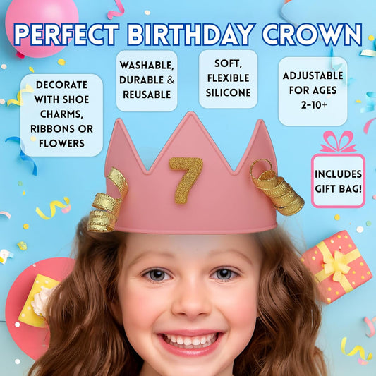Birthday Crown for Kids Classroom – Adjustable Soft Silicone Princess Crown, Ages 2–10+, BPA Free, Dishwasher Safe