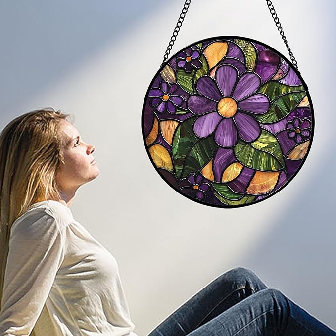 Stained Glass Window Hanging, Purple Green Flowers Sun Catcher for Door Home Decor Plants Suncatcher Christmas Mother's Day Birthday Gifts for Women Men Mom and Nana 7.8 in