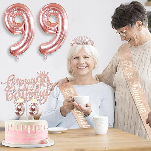 99th Birthday Decorations for Women with 99th Birthday Sash and Tiara, Cake Topper and Candles, Number Balloons, 99 Year Old Gifts for Women