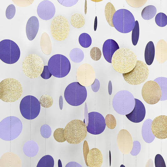 Champagne Gold Purple Cream Nude Polka Dots Garland Lavender Hanging Paper Circle Dot Streamer for Birthday Wedding Engagement Baby Shower Bridal Shower Lilac Violet Theme Party Decorations Supplies