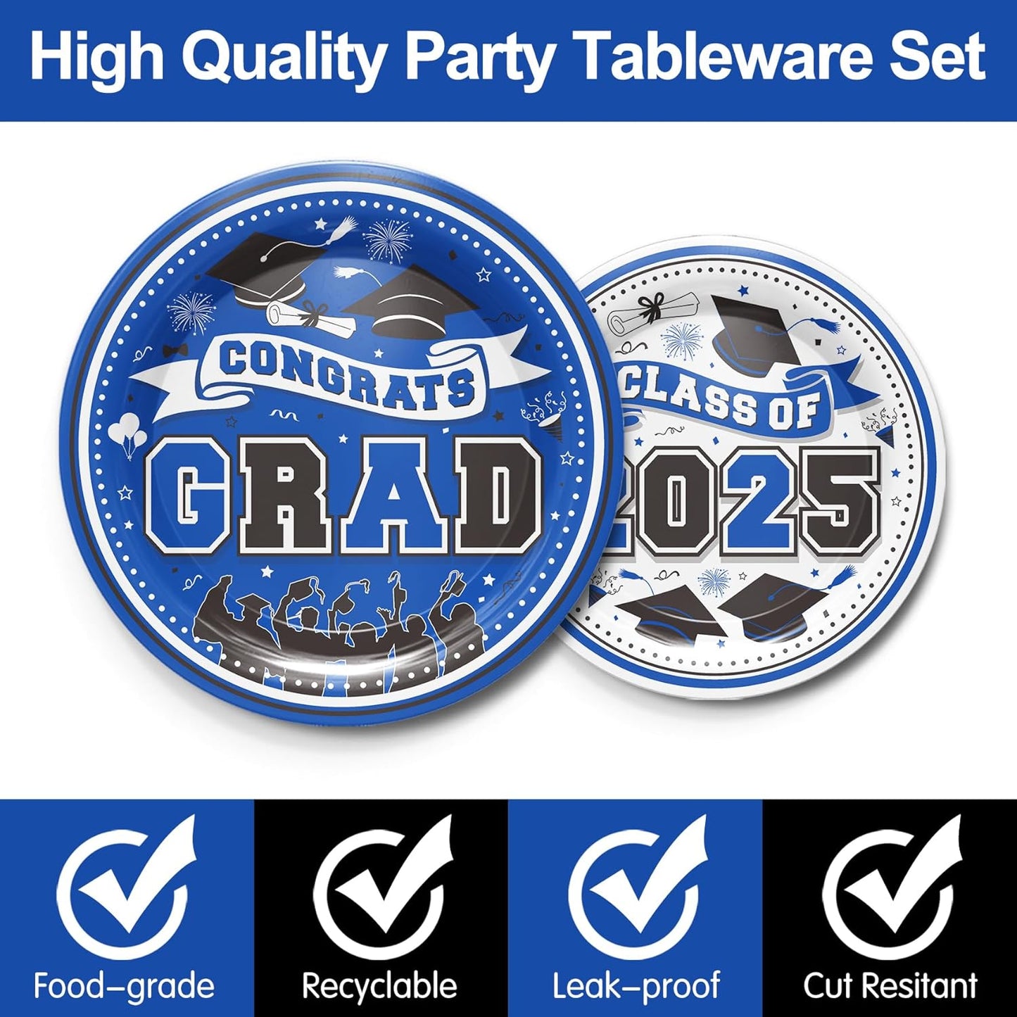 Graduation Decorations Class of 2025 - Graduation Party Supplies 2025: Blue Plates, Cups, Napkins, Cutlery for 24 Guests