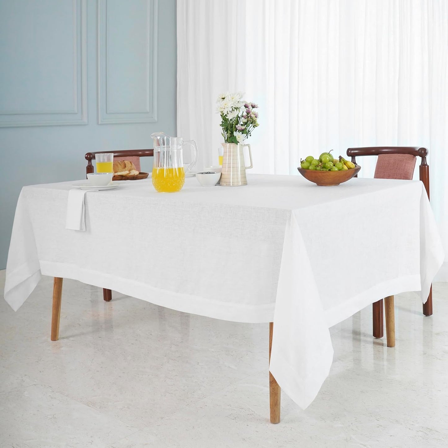 D'Moksha Homes White Linen Tablecloth 60 x 156 Inch - 100% Pure Linen Tablecloth for Rectangle Tables - Machine Washable Table Cloth for Fall, Autumn and Halloween