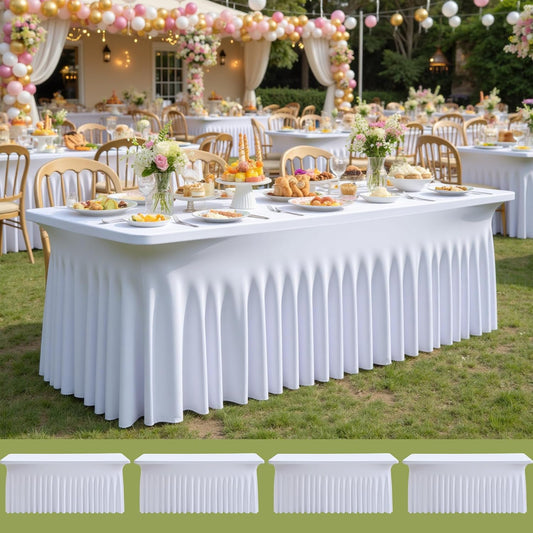 4pk White Spandex Tablecloths 6ft for Rectangle Tables, Wrinkle Free Classy Table Skirt Stretchy Fitted Table Cloths Covers 6 Foot for Weddings Birthday Party Events Banquette Baby Shower