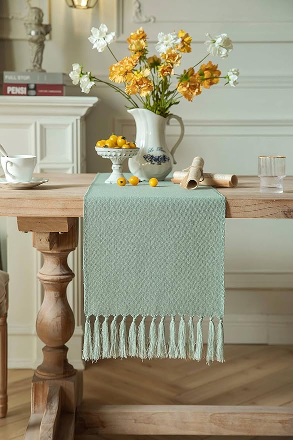 ZeeMart Sage Table Runners 72 Inches Long, Burlap Linen Style Rustic Farmhouse Table Runner, Boho Woven Dining Table Runner, 13x72 Inches, Seafoam