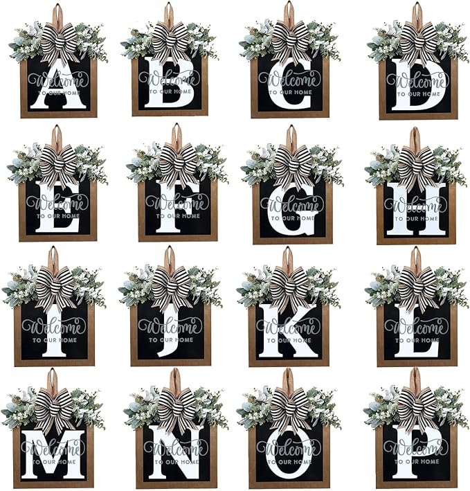 Last Name Year Round Front Door Wreath Front Porch Decoration 26 Letter Welcome Sign with Eucalyptus Garland and Bow Spring Wreaths for Front Door Outside Hanger Garland（A）