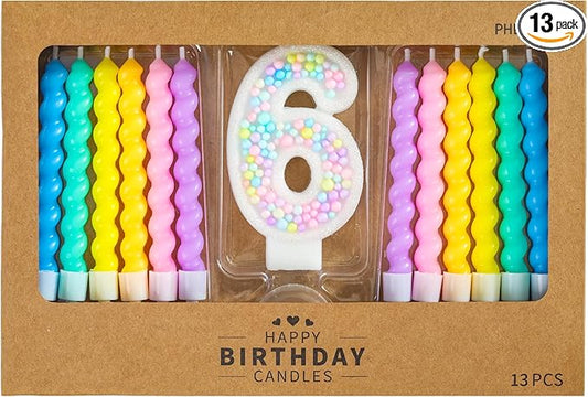 PHD CAKE Number 6 Birthday Candle Macaron Glitter Number Candle with Rainbow Spiral Candles in Holders for Cake Topper, Pastel Sweet Theme Party Decoration
