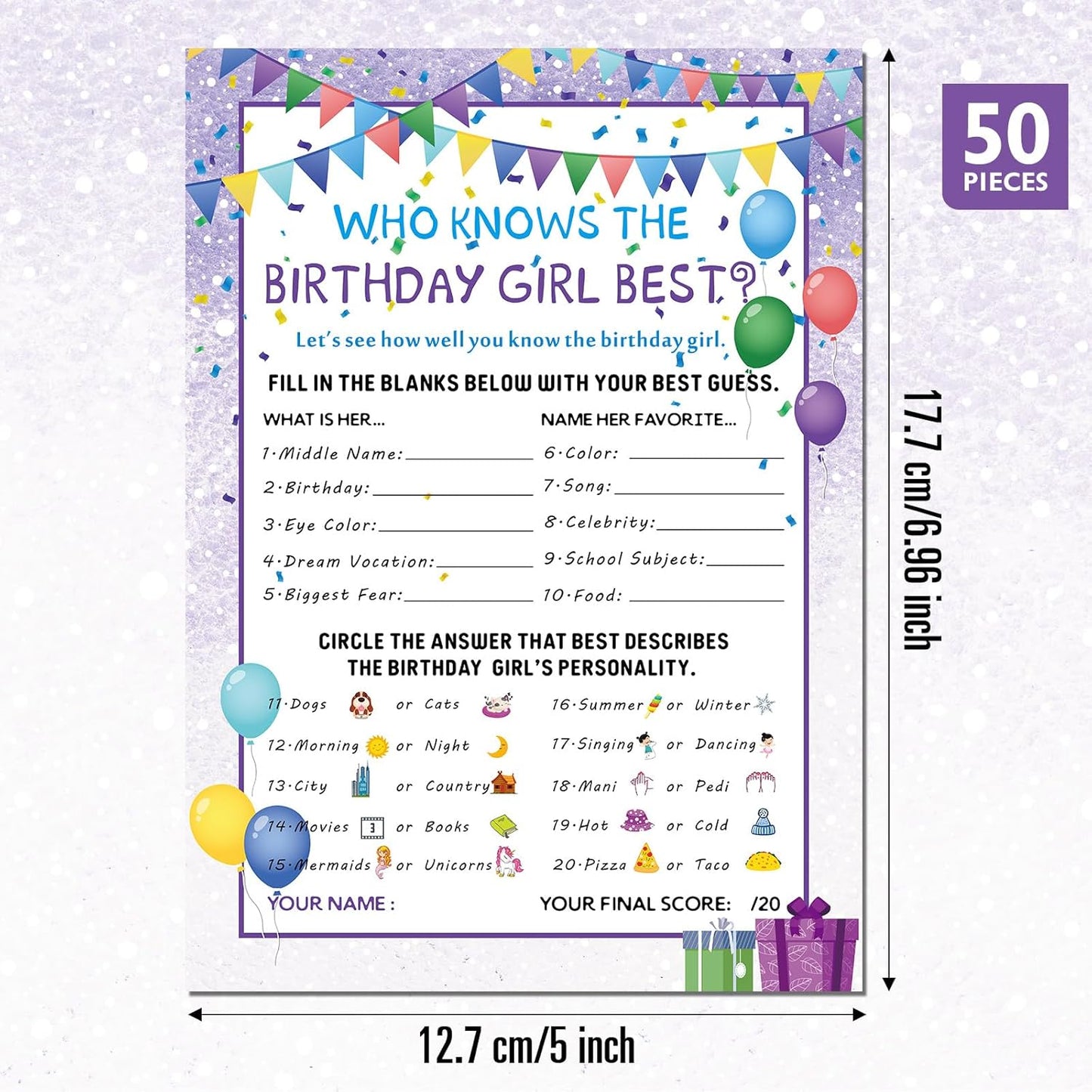 Skylety The Birthday Girl Best, 50 Pieces Birthday Party Activity Game Card Set Who Knows Her Best Girl Birthday Party Activity Themed Party Decorations (Purple)