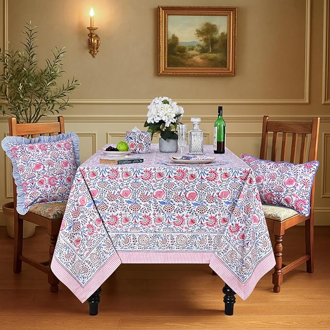 Ridhi Hand Block Print Pigeon Blue Flamingo Pink Rectangle Cotton Tablecloth 190" x 72" Reusable Table Cover Decorative Everyday Use for Dining, Farmhouse, Home Gift for Spring, Easter, Valentine