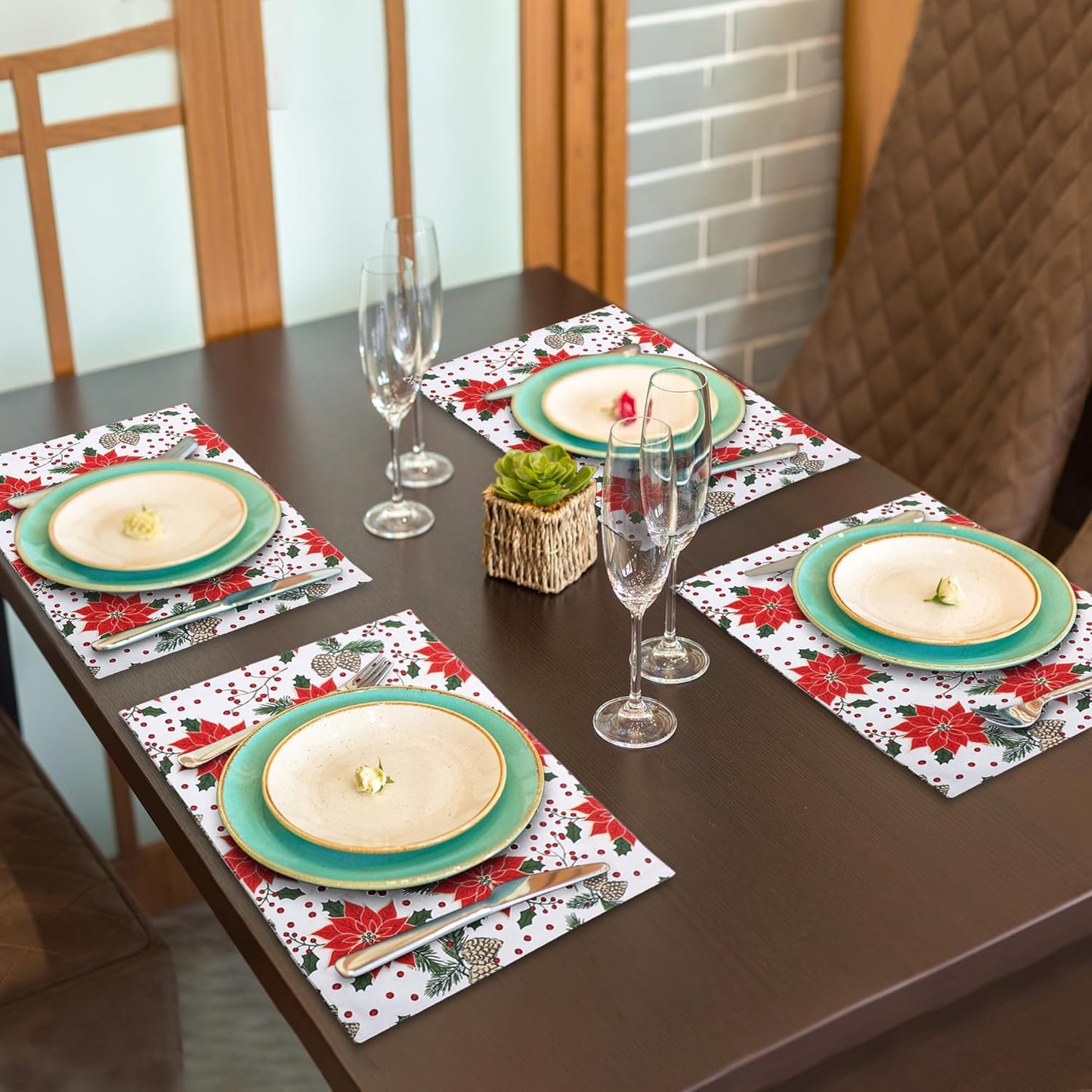 Urban Villa ChristmasPlacemats Pine Cone Print 100% Cotton Fused Placemats 14''x 20'' Over Sized Set of 6 Every Day Use Heavier QualityPlacemats