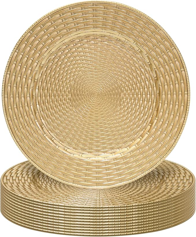 MAONAME 13" Gold Charger Plates Set of 12, Table Chargers for Dinner Plates, Faux Rattan Plastic Plate Chargers, Round Charger for Table Setting, Wedding Decor