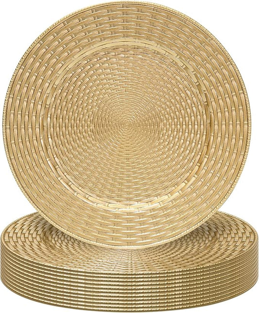 MAONAME 13" Gold Charger Plates Set of 12, Table Chargers for Dinner Plates, Faux Rattan Plastic Plate Chargers, Round Charger for Table Setting, Wedding Decor