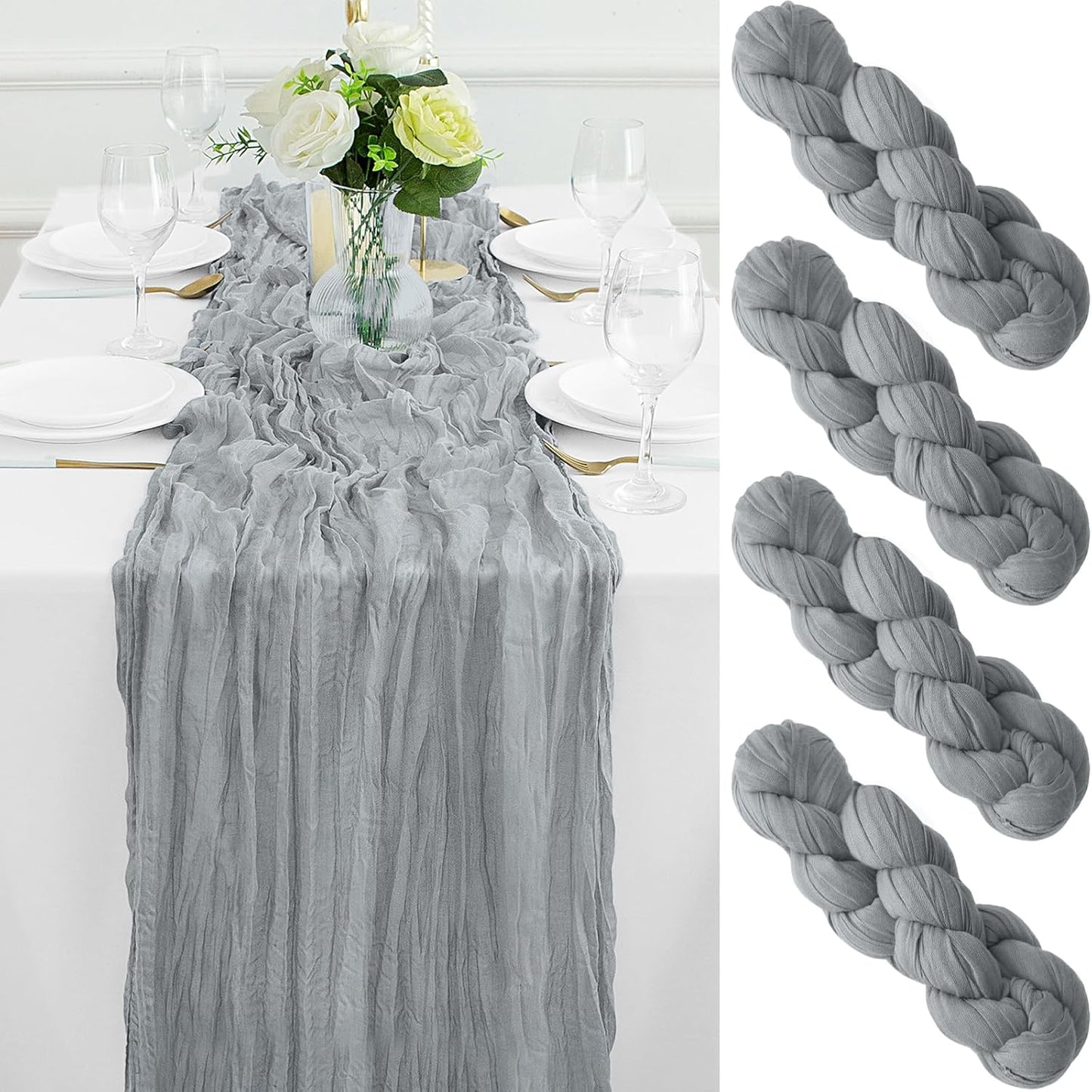 4Pack Grey Table Runner 10FT Cheesecloth Table Runner 35x120Inch Long Boho Cheese Cloth Table Runners Rustic Gauze Table Runners for Party Wedding Bridal Shower Baby Shower Decorationsor