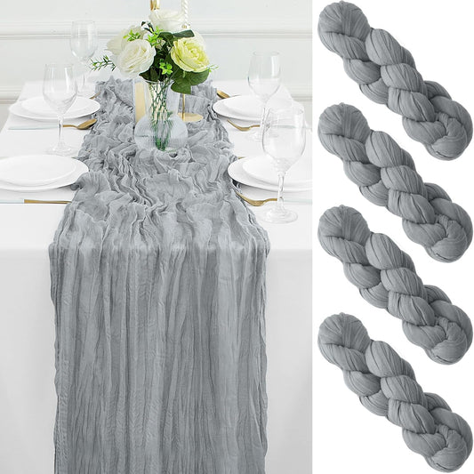 4Pack Grey Table Runner 10FT Cheesecloth Table Runner 35x120Inch Long Boho Cheese Cloth Table Runners Rustic Gauze Table Runners for Party Wedding Bridal Shower Baby Shower Decorationsor