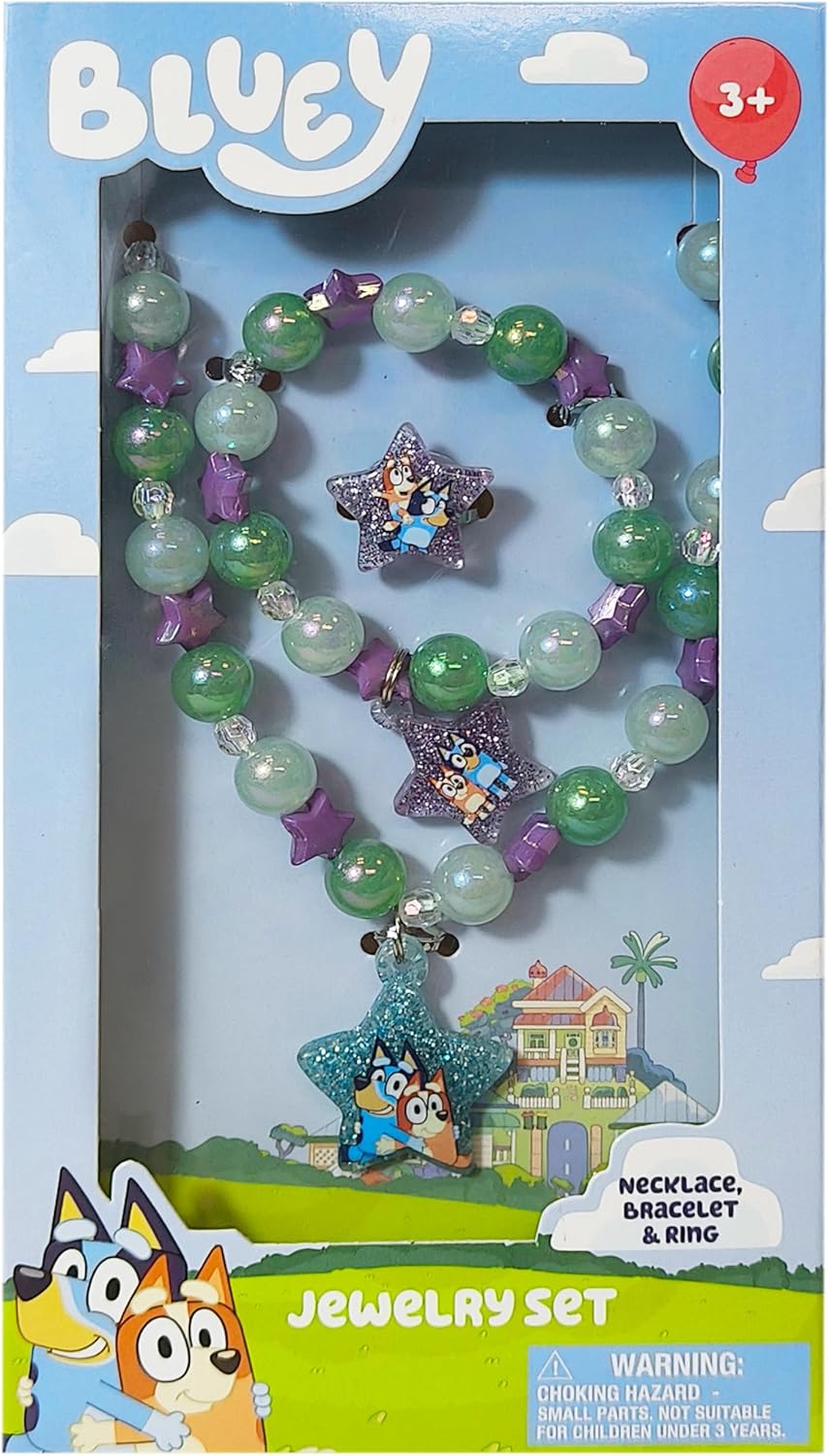 LUV HER Bluey Girl's Jewelry Set - Dress up Toy Jewelry Box Set with Bead Necklace, Bracelet and Ring - Play Accessories - Ages 3+