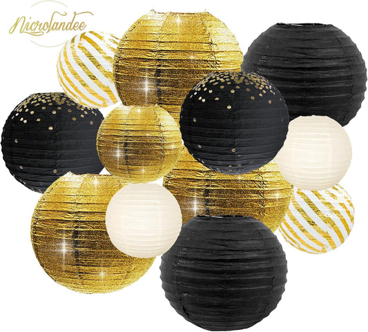 NICROLANDEE Black Gold Party Supplies - 12PCS Black and Gold Metallic Foil Paper Lanterns Decorative for Wedding, Graduation, Birthday, Baby Shower, Retirement, New Years Eve Party 2026