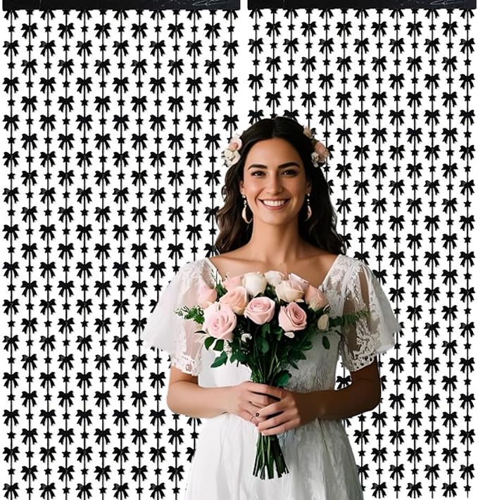 Black Bow Party Decorations - 2 Packs Small Bow Foil Fringe Streamers Curtains for Birthday Bridal Shower Engagement Wedding Wall Bachelorette Coquette Party Decor(3.3x6.6 ft)
