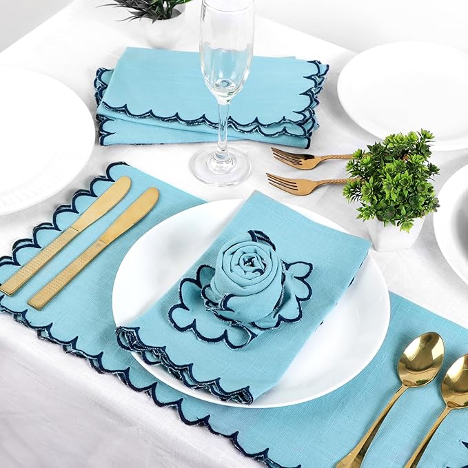 FINGERCRAFT Cloth Napkins, Everyday Use Scallop Design, Premium Quality Cotton Napkin Set of 6 Perfect for Parties Dinners Weddings Easter Napkin Cloth 20x20 inch Aqua/Navy