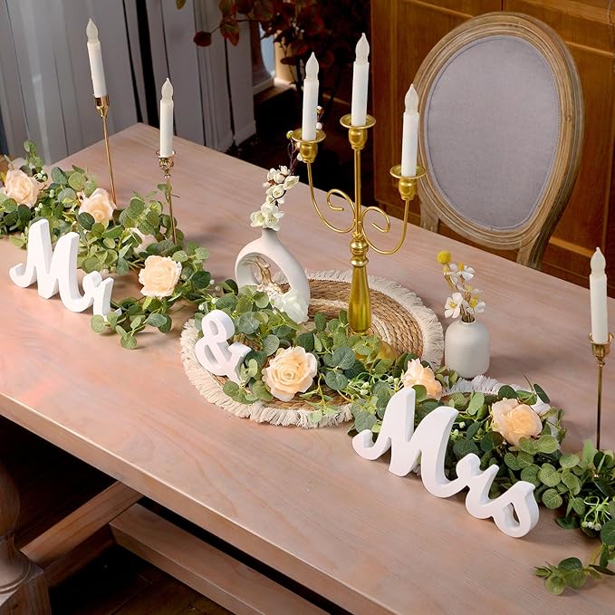 2pcs Large White Mr & Mrs Sign for Wedding Table with 5.91ft Artificial Flowers Garland, Wedding Centerpieces Wooden Bride and Groom Table Decorations for Engagement Decor (Champagne Rose)