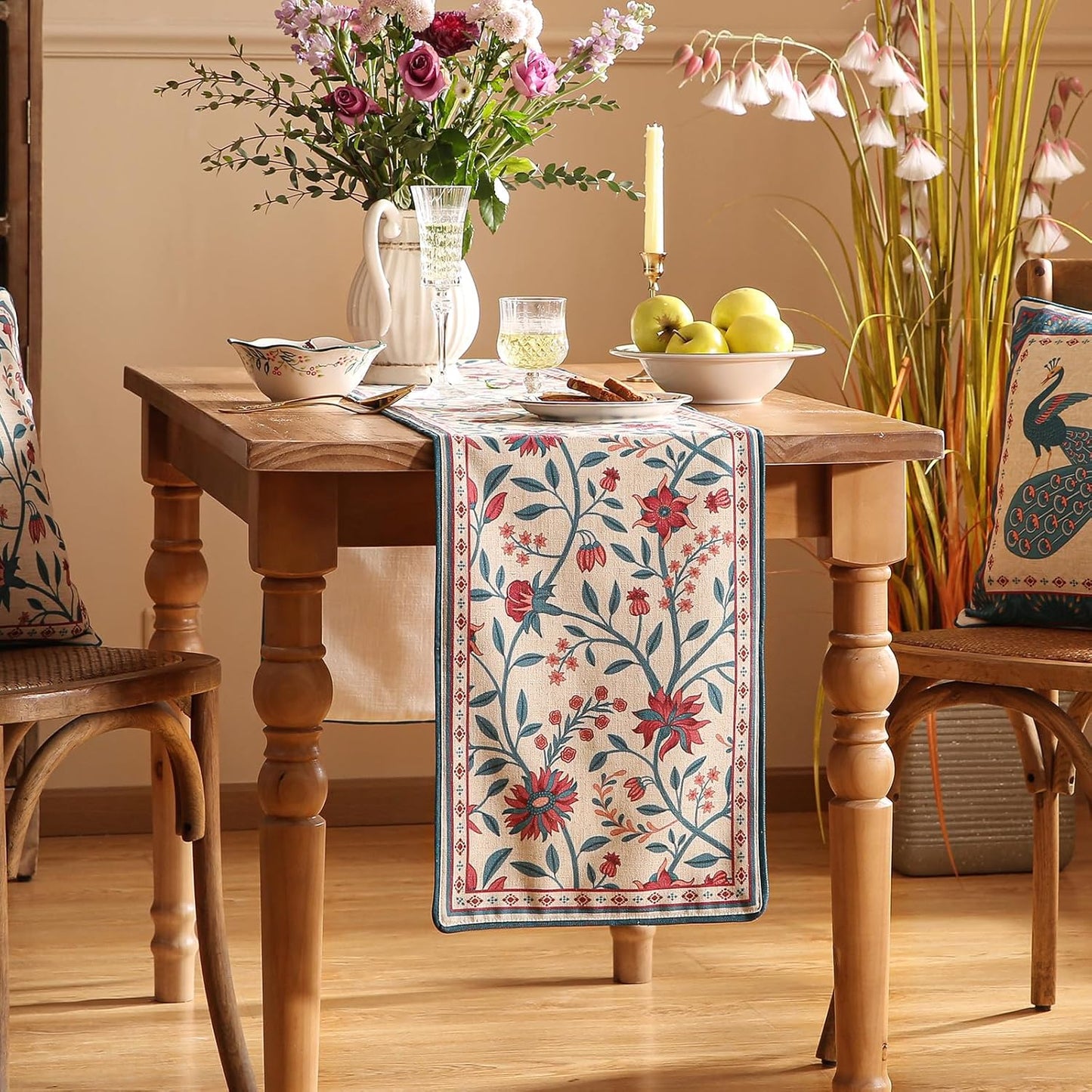bilingaier Farmhouse Berry Red Floral Small Table Runner for Table,Decorative Linen 102 Inches Long French Table Runners,Decor Tabletop for Kitchen,Dining,Party,Home,Christmas,12"*102"