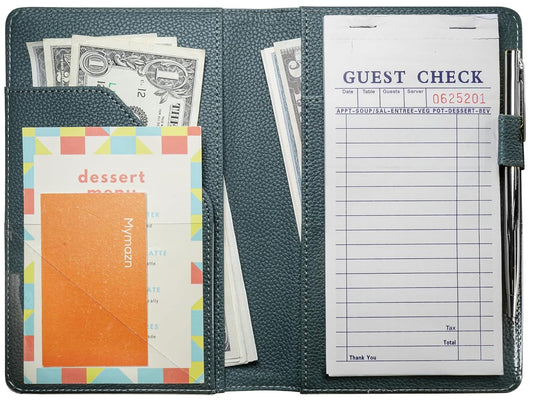 Mymazn Green Server Books for Waitress Book Waiter Book Server Booklet Restaurant Waitstaff Organizer, Serving Book Guest Check Book Holder Money Pocket Fits Server Apron (Greygreen)