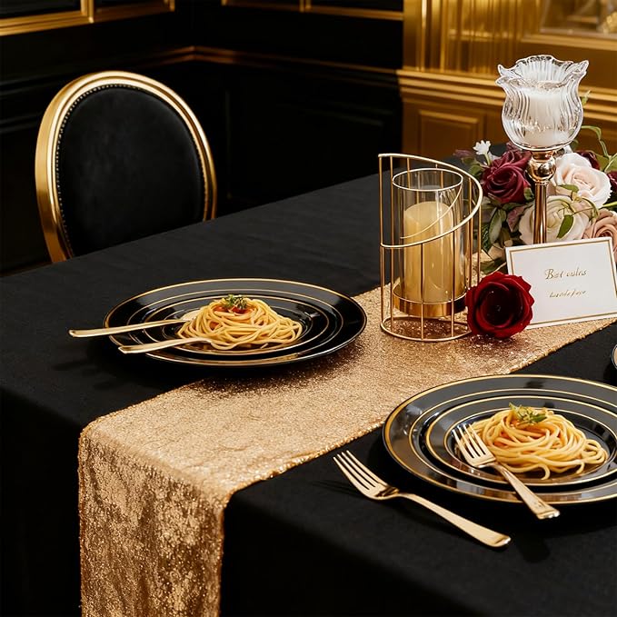 100PCS Black Plastic Plates, 10 Inch Disposable Dinner Plate Party with Gold Rim, Heavy Duty Disposable Plastic Plates for Party, Wedding and Birthday