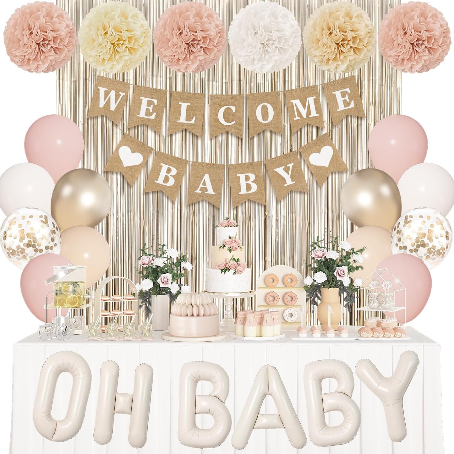 Ouddy Party Champagne Gold Boho Baby Shower Decorations for Girl with Welcome Baby Banner Dusty Pink White Nude Foil Balloons Fringe Curtain Paper Pom Poms for Baby Shower Gender Reveal Party Supplies