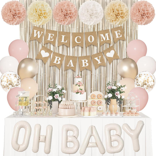 Ouddy Party Champagne Gold Boho Baby Shower Decorations for Girl with Welcome Baby Banner Dusty Pink White Nude Foil Balloons Fringe Curtain Paper Pom Poms for Baby Shower Gender Reveal Party Supplies