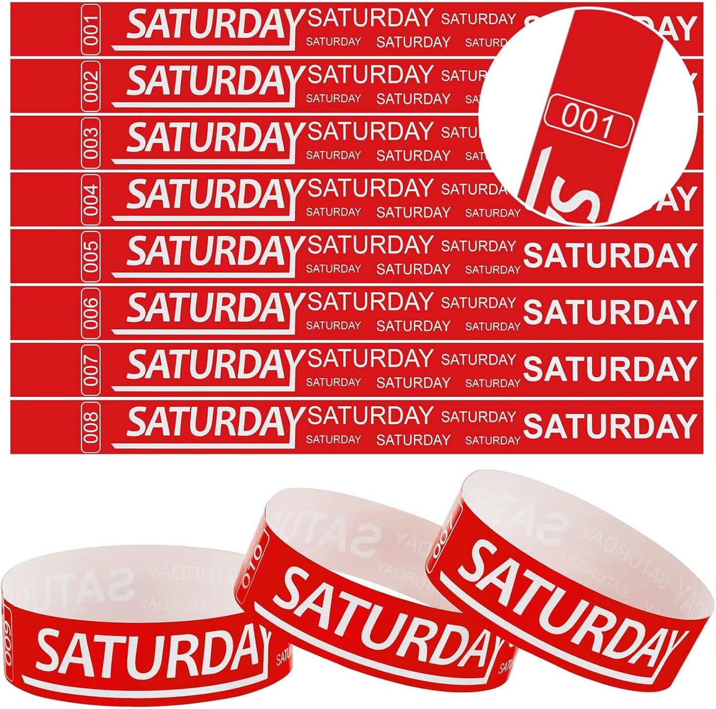 Henoyso 600 Pcs Saturday Paper Wristbands Event Admission Paper Bracelets Numbered Waterproof Party Armbands for Events Day of The Week(Red)