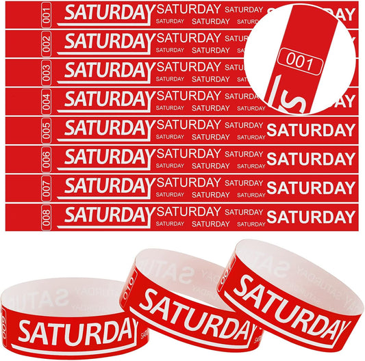 Henoyso 600 Pcs Saturday Paper Wristbands Event Admission Paper Bracelets Numbered Waterproof Party Armbands for Events Day of The Week(Red)