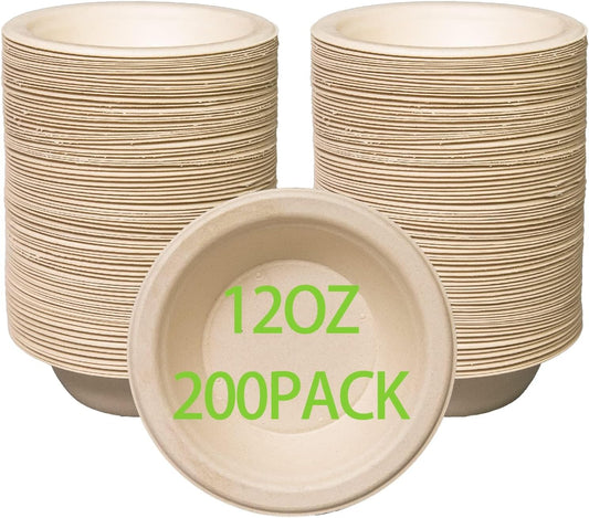 12 oz Compostable Paper Bowls 200pack Heavy-Duty Eco-Friendly Bulk Pack Disposable Bowls Biodegradable Made of Sugar Cane Fibers, Hot or Cold Use