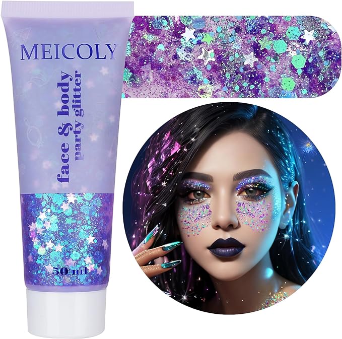 MEICOLY Light Purple Hair Glitter,Holographic Chameleon Purple Mermaid Face Glitter,Self-Adhesive Glitter Face Paint,Mardi Gras Outfit for Women,Rave Glitter Makeup Sparkle Chunky for Festival