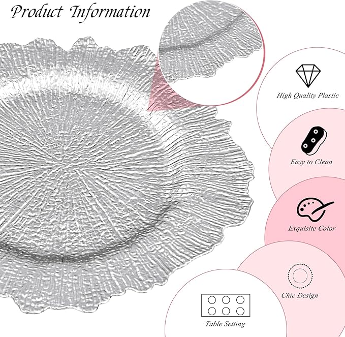 50 Pack Silver Charger Plates Bulk, 13" Plastic Reef Chargers for Dinner Plates, Round Charger Plate with Floral Reef Design for Dinner Wedding Party Table Setting Decoration